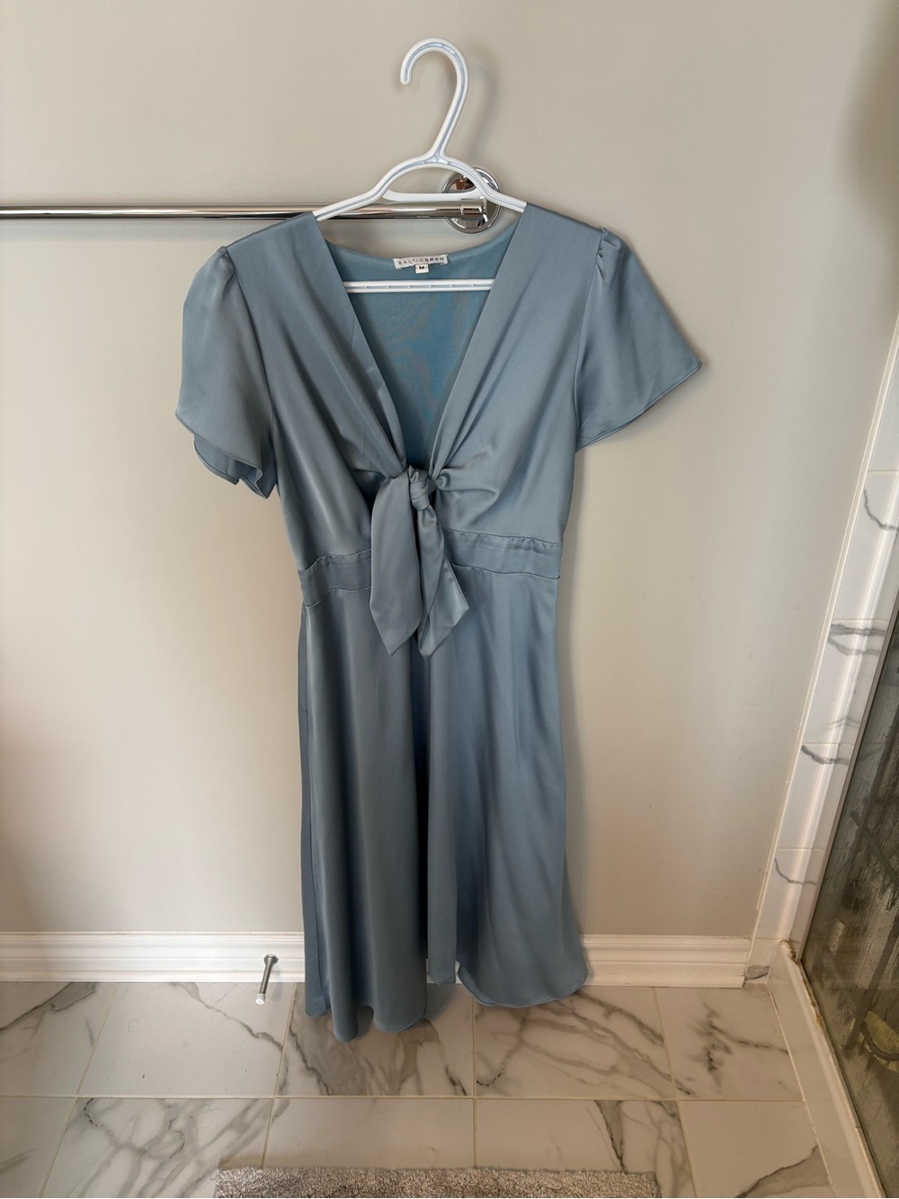 Baltic Born Sky Blue Tie-Front Midi Dress with Flutter Sleeves Sz M